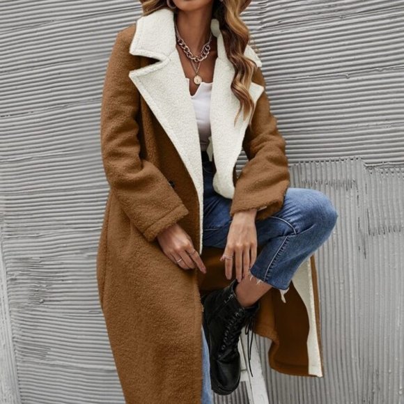 Cozy two tone  Teddy Long Coat Jacket Minimalist - Picture 4 of 11